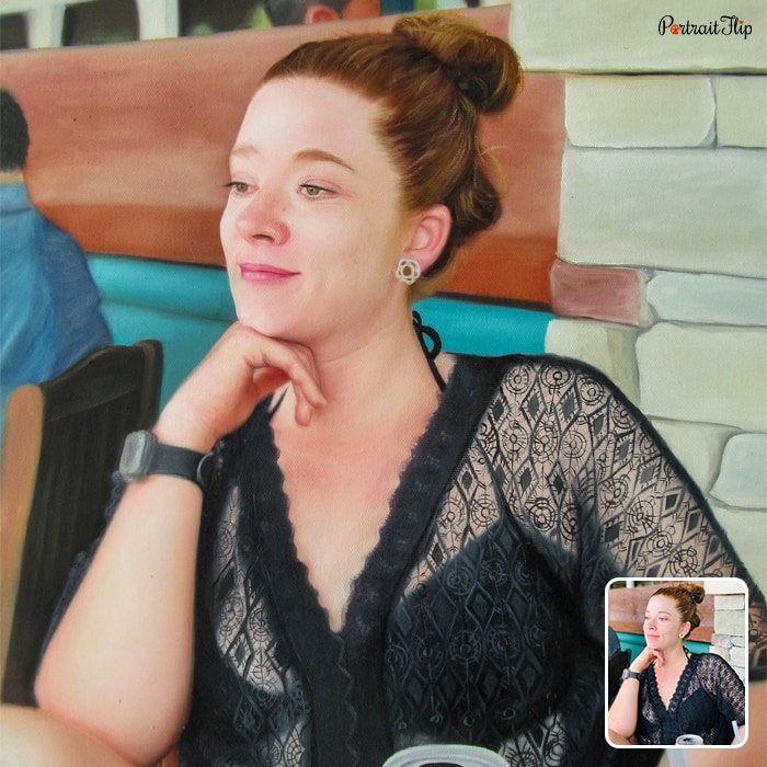 Acrylic painting of a woman sitting in a black dress with his one arm holding up her face
